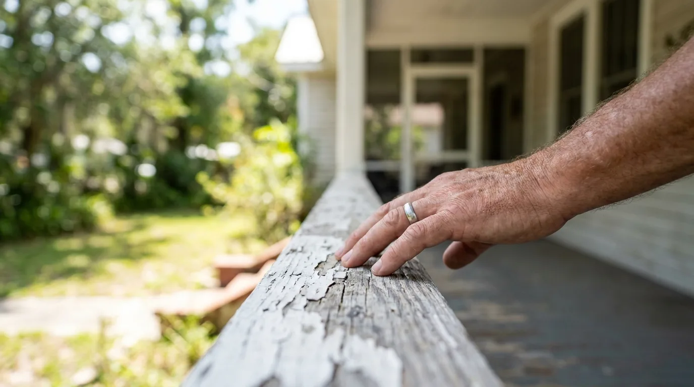 Close-up of peeling paint on an older home's exterior wall, a common FHA issue