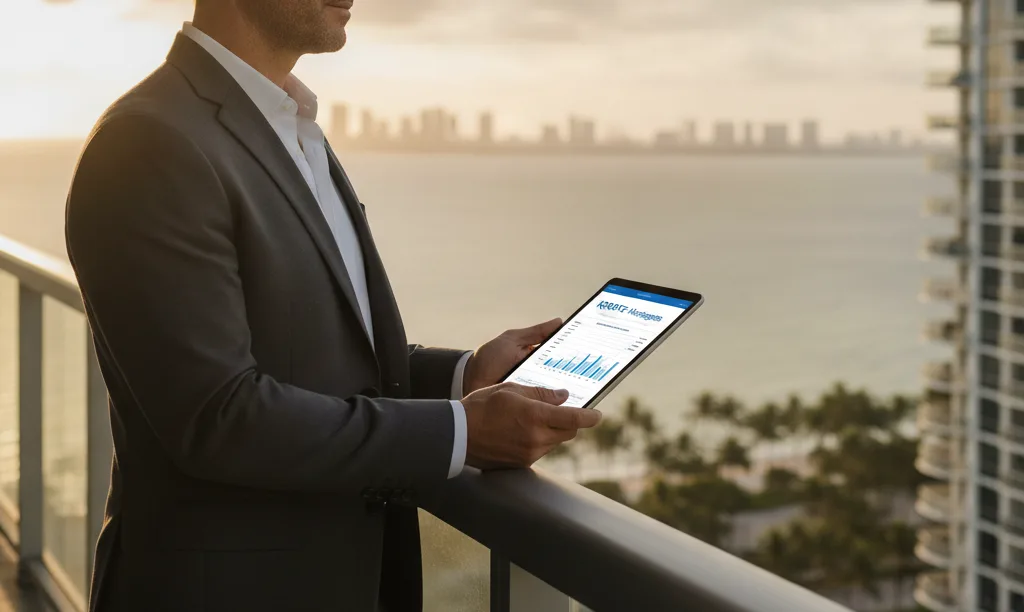 Foreign investor reviewing Florida property on a balcony.