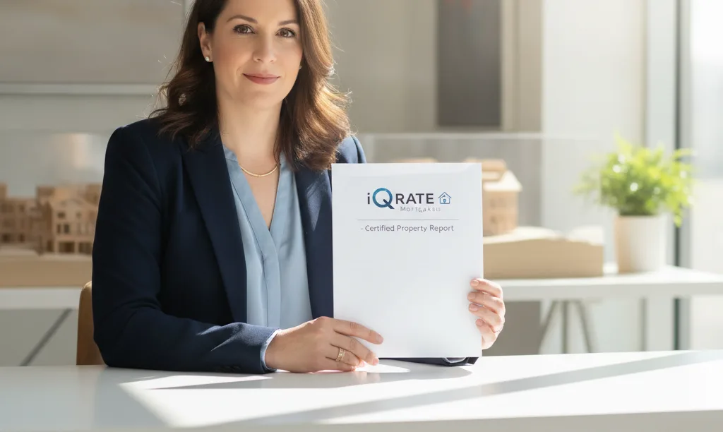 Texas real estate agent confidently holding property report.