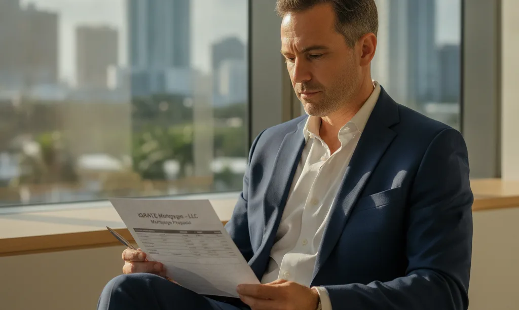Investor reviews iQRATE Mortgages LLC proposal in Miami.