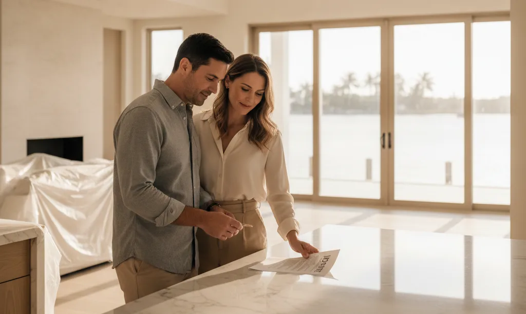 Couple reviewing jumbo loan documents in Miami.