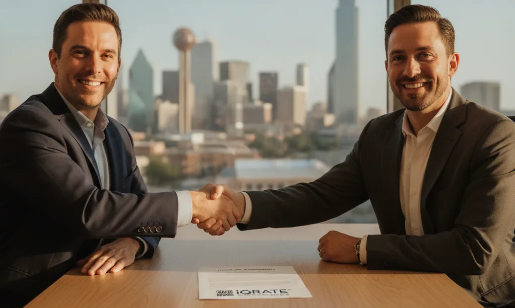 Two partners shaking hands over a DSCR loan document.
