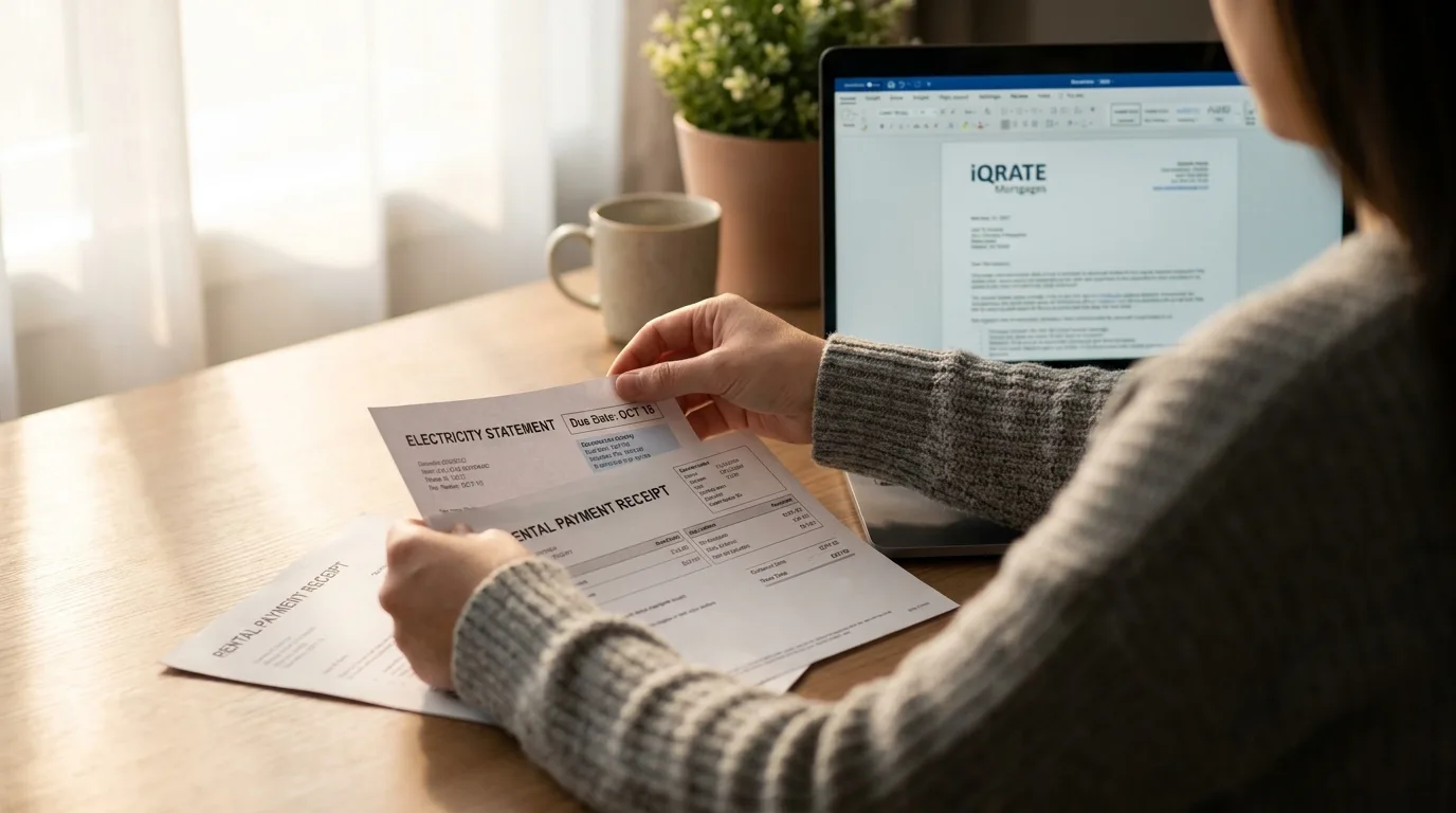 Organized stack of documents including bank statements and checks for a mortgage application.