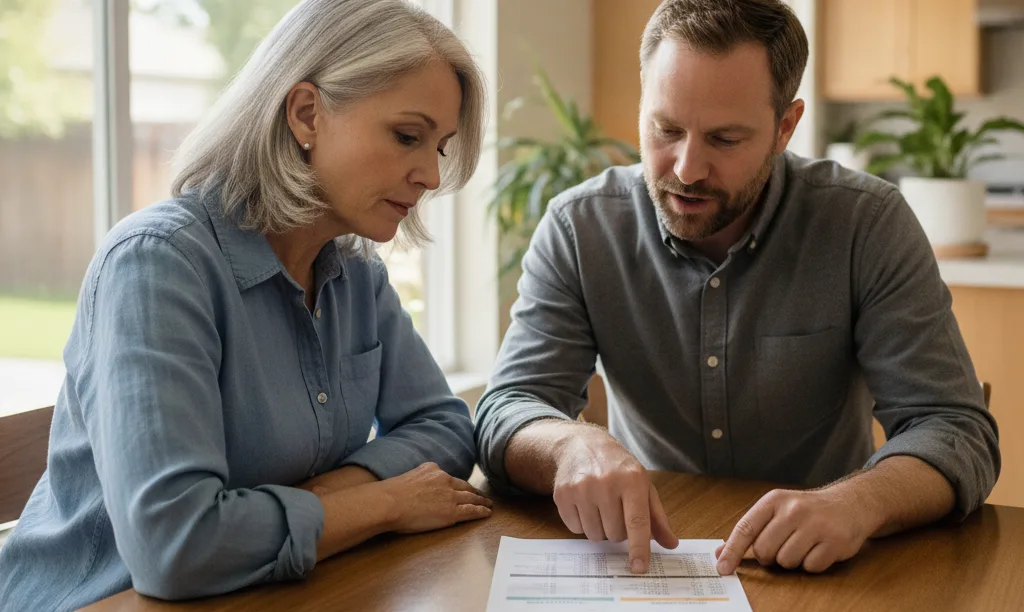 A parent and adult child reviewing mortgage documents.