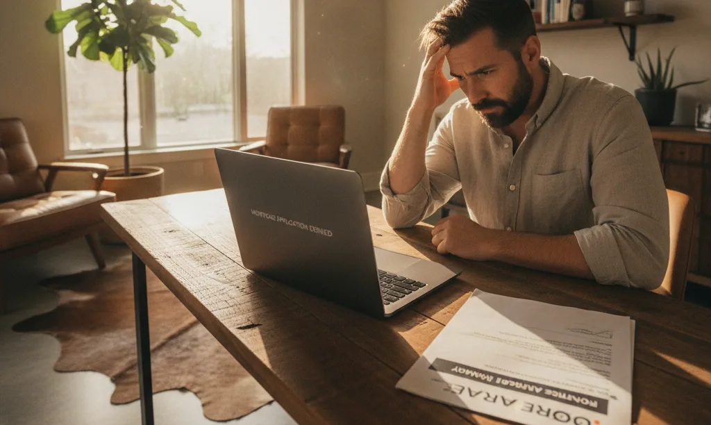 Stressed Texas entrepreneur reviews mortgage denial online.