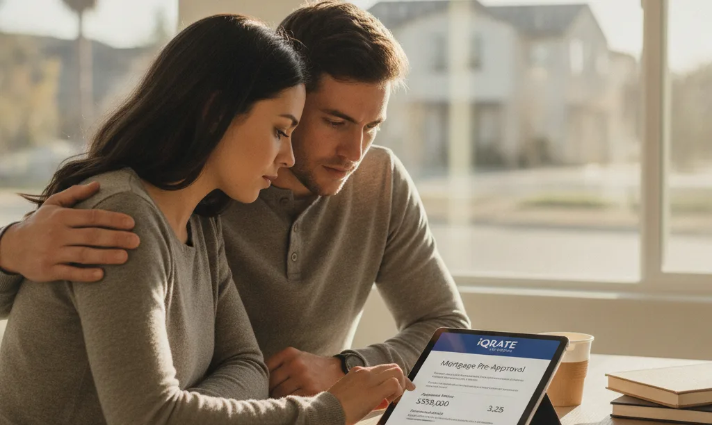 Couple reviewing iQRATE Mortgages document in California home.
