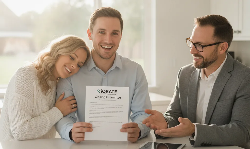 Couple reviews iQRATE Mortgages closing guarantee confidently.