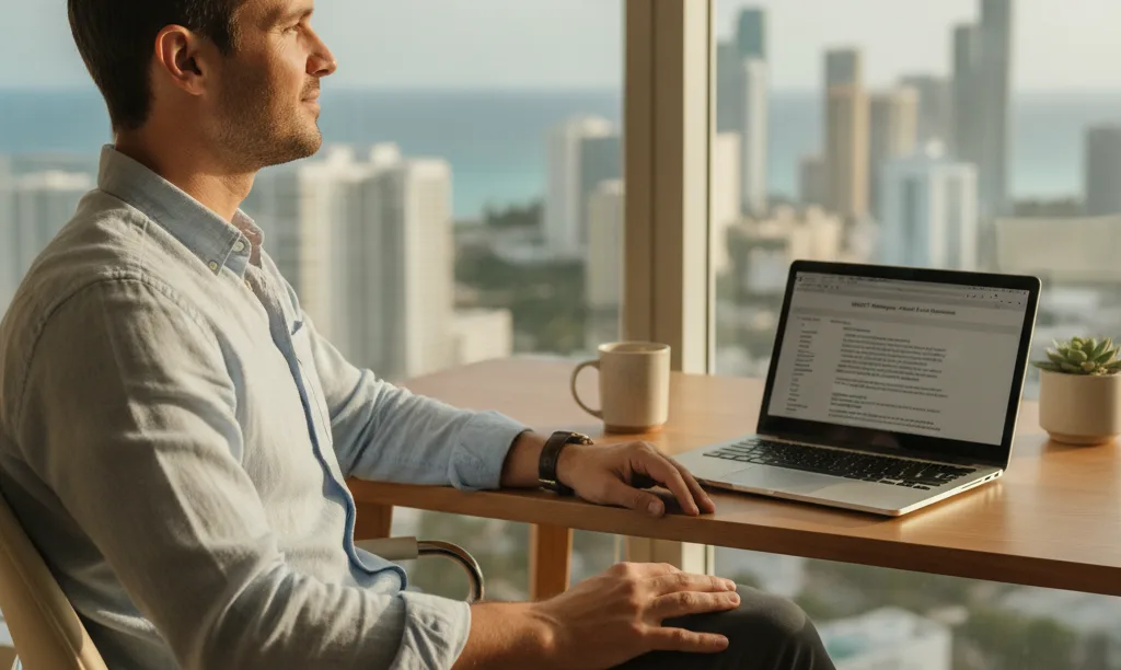 Confident gig worker planning mortgage in Miami.