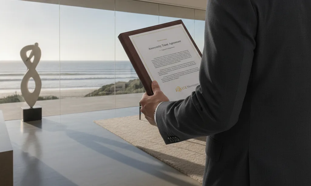 Person with trust document overlooking La Jolla ocean.