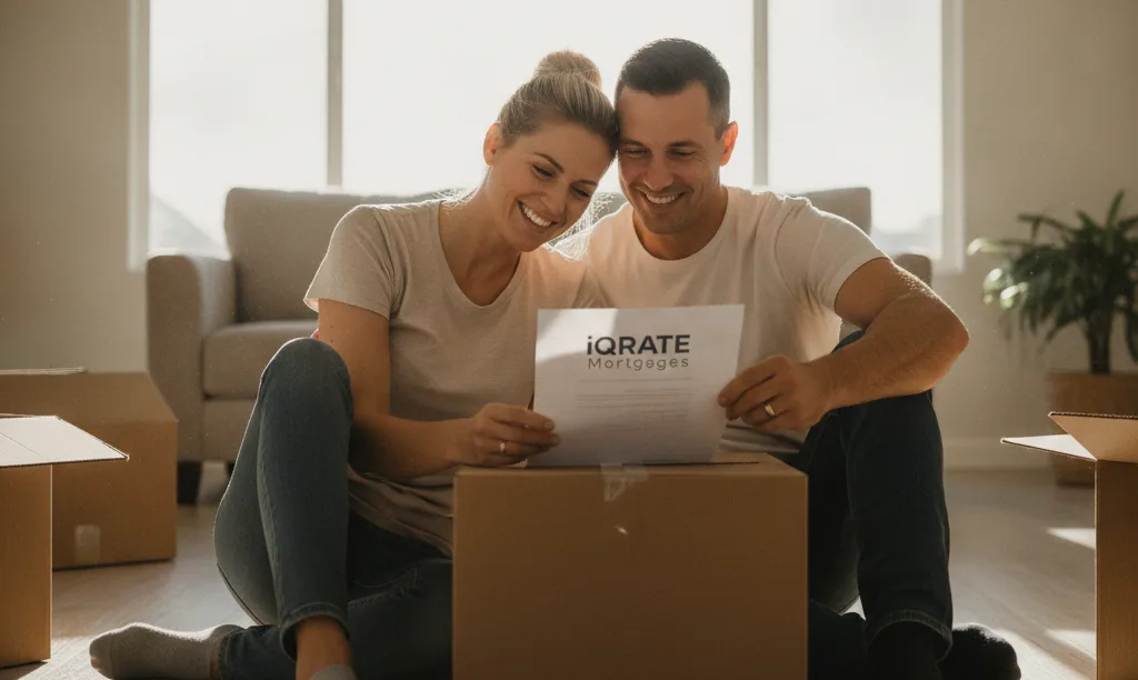 Military couple smiling at iQRATE Mortgages document.