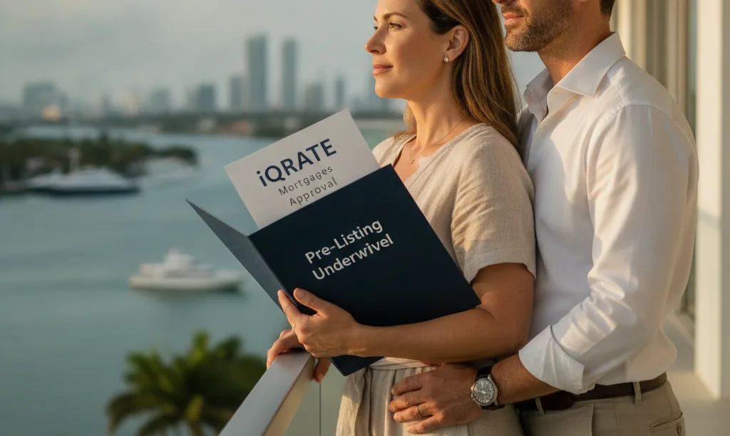 Confident couple on a balcony overlooking Miami.