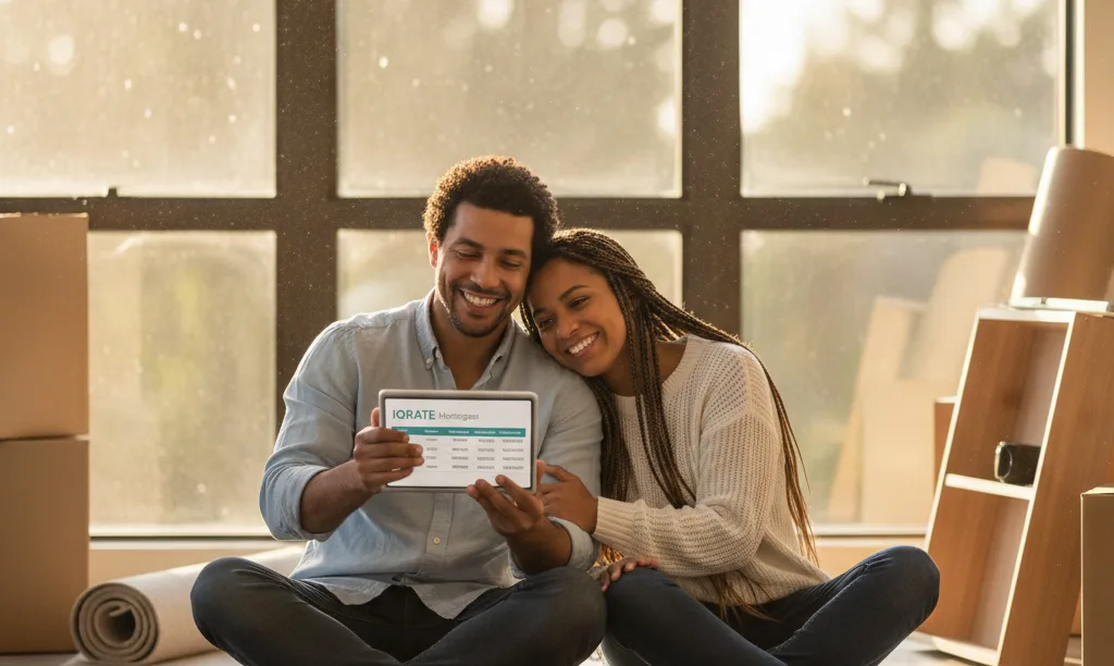 Couple reviews iQRATE Mortgages plan in new home.
