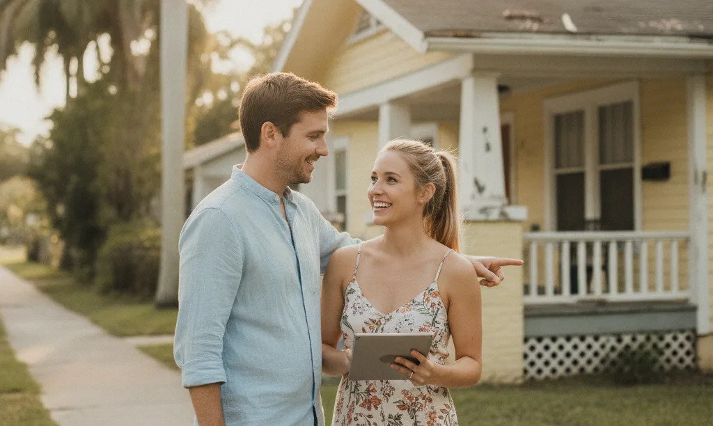 Couple hopefully viewing a Florida home needing repairs.