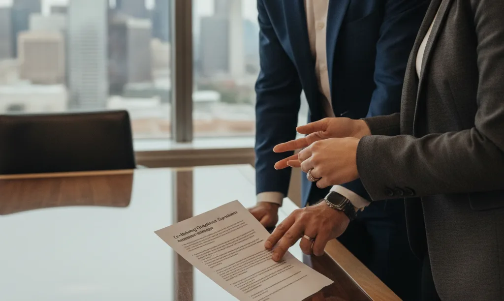Two professionals reviewing a compliant marketing agreement.