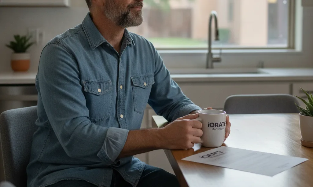 Veteran contemplating retirement with mortgage documents.