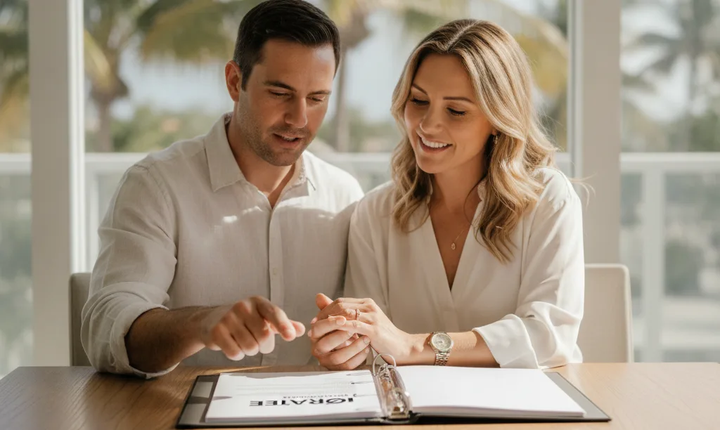 Couple confidently reviewing iQRATE Mortgages portfolio loan documents.