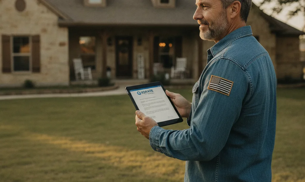 Veteran proudly reviews iQRATE Mortgages document outside home.