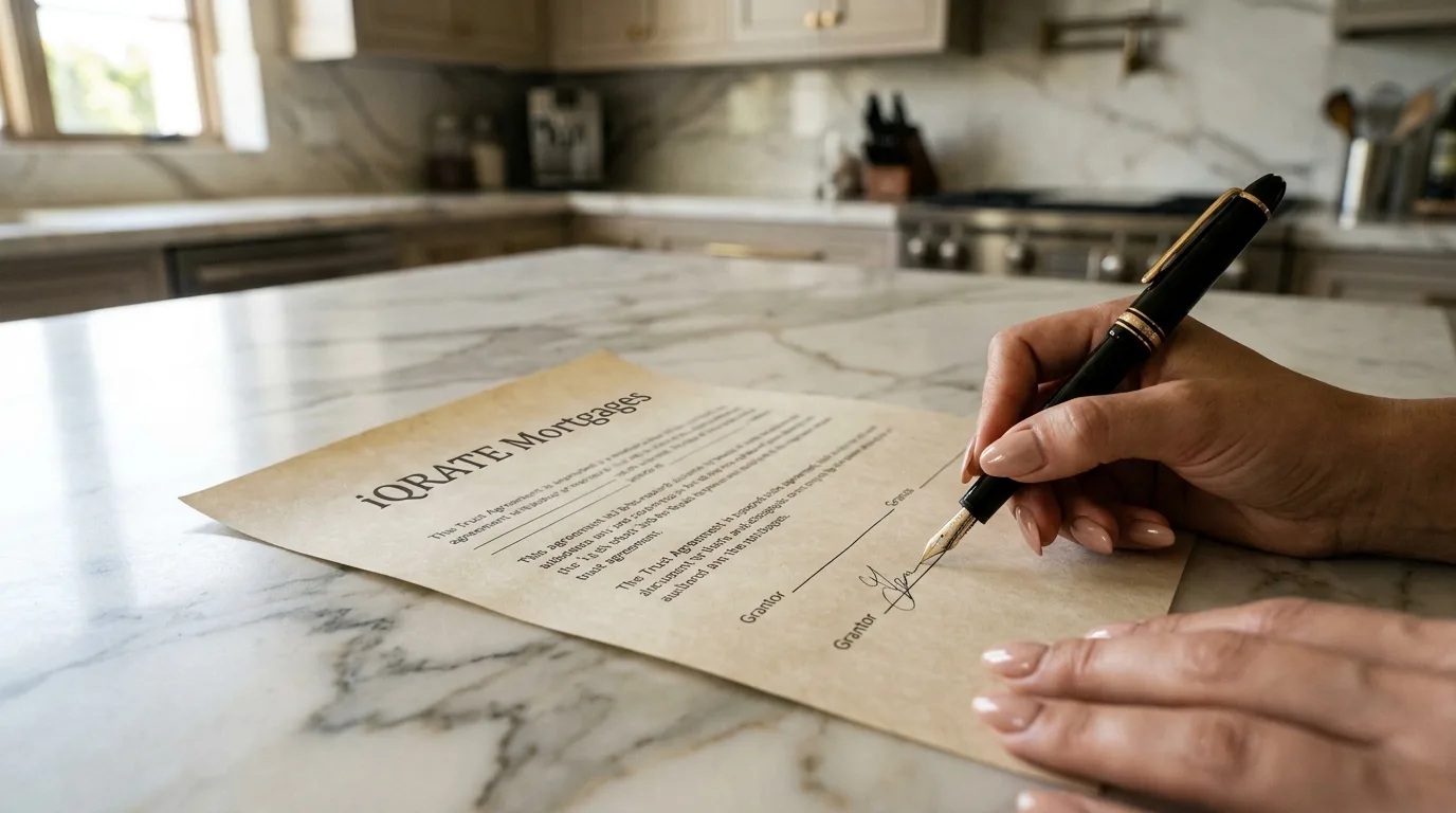 Signing legal documents for a mortgage, illustrating the trust underwriting process.
