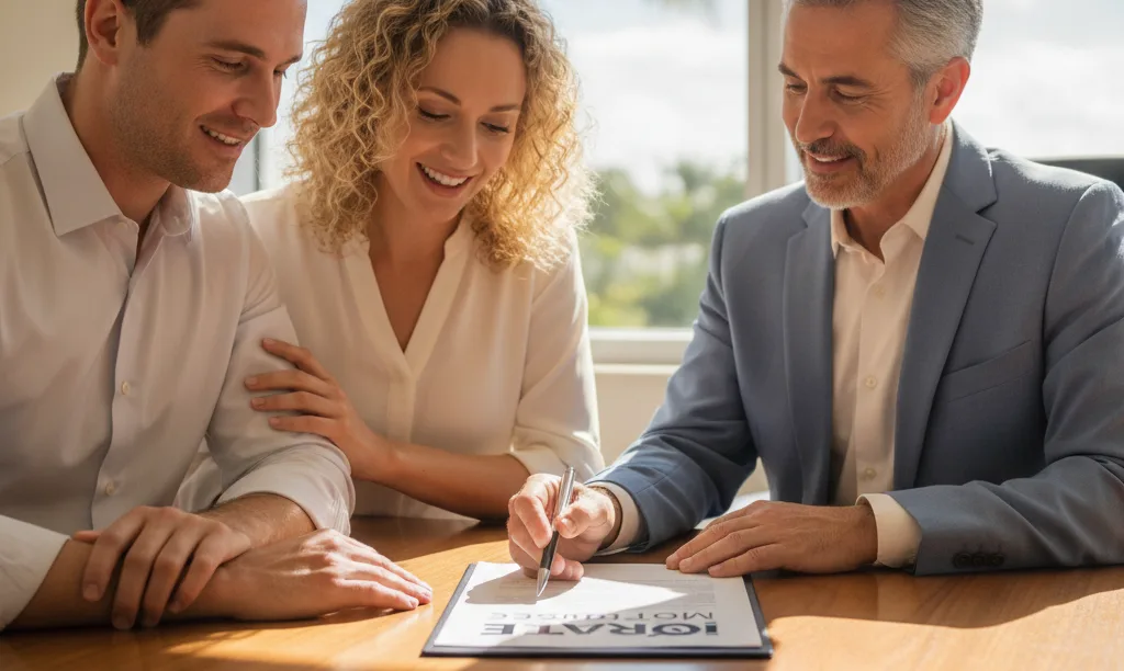 Couple finding hope reviewing mortgage documents with professional.