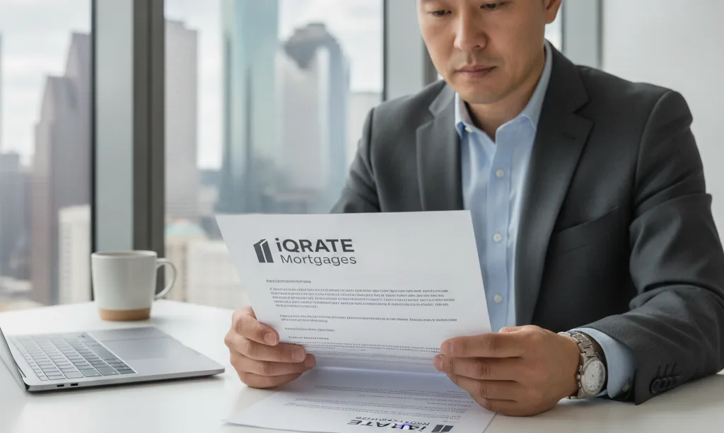 Foreign investor reviewing iQRATE Mortgages loan documents in Houston.