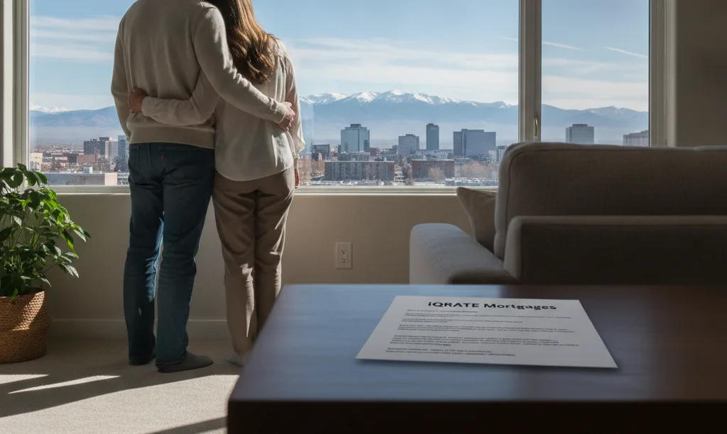 A couple looking out window at Reno mountain view.