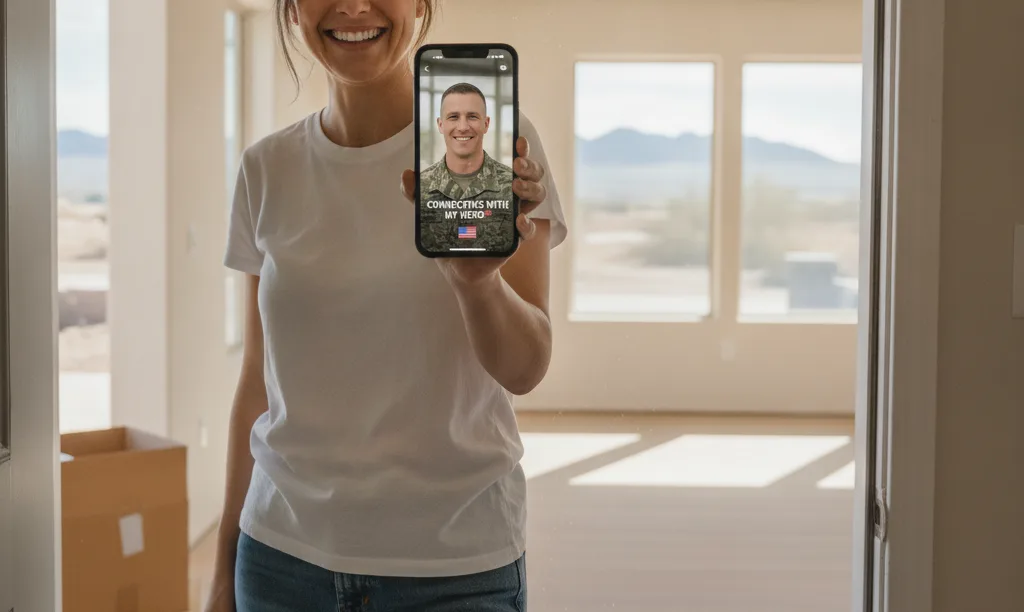 Spouse joyfully video calls husband in new home.