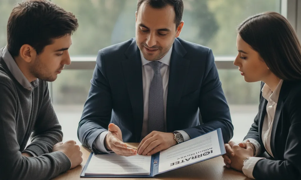 iQRATE Mortgages advisor discussing loan terms with clients.