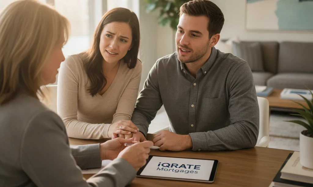 Couple receiving reassuring mortgage advice from advisor.