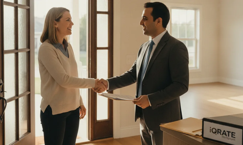 Advisor David Ghazaryan congratulating couple in new home.