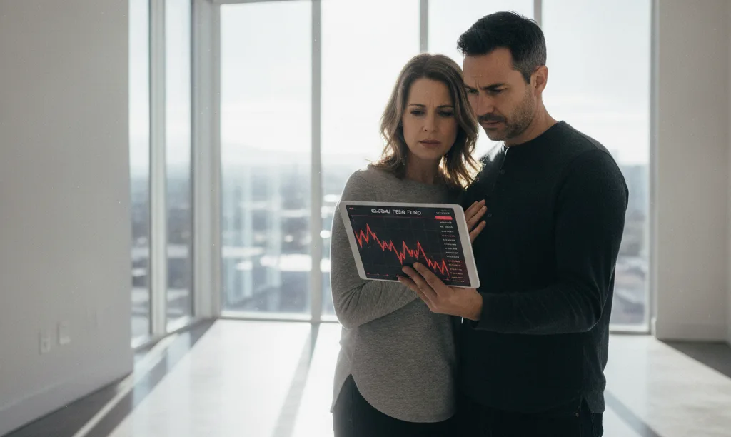 Couple anxiously reviews finances in new home.