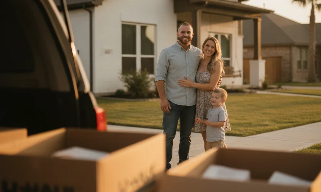 Veteran and family proudly viewing their new Houston home.