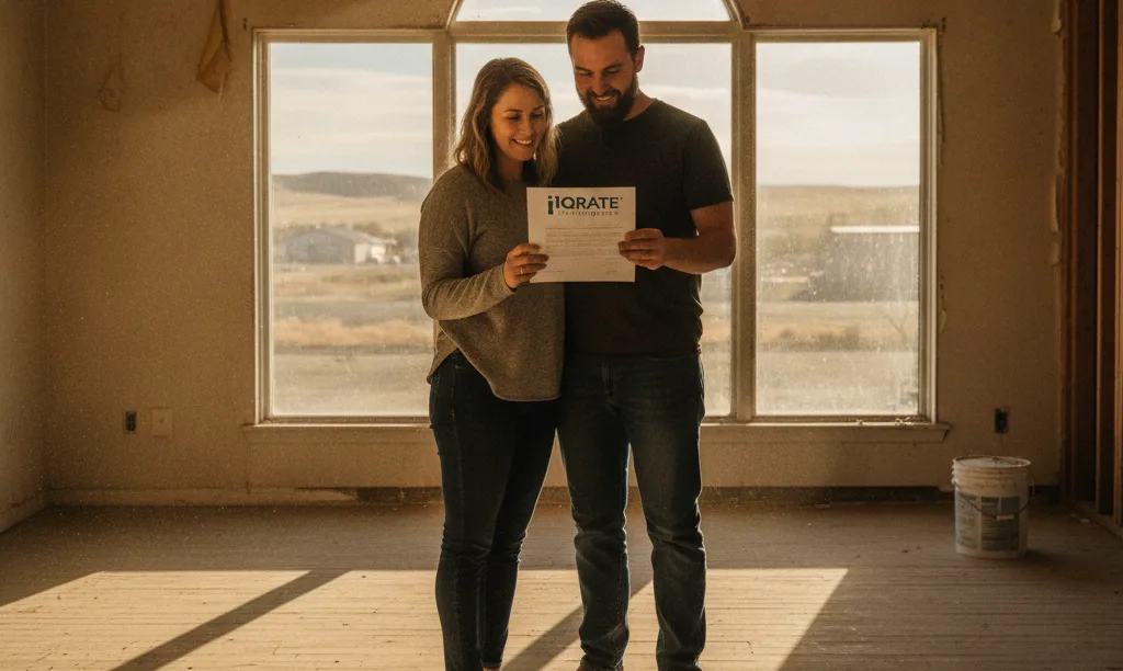 Couple reviewing iQRATE Mortgages loan in fixer-upper.