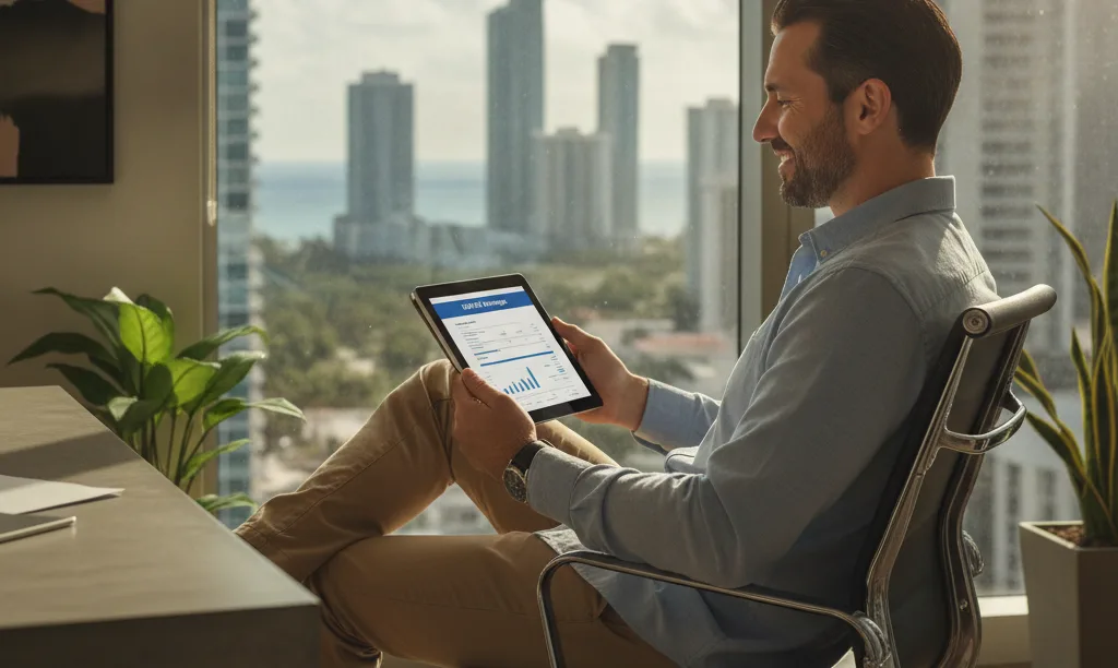 Confident Miami realtor reviewing predictable commission forecasts.
