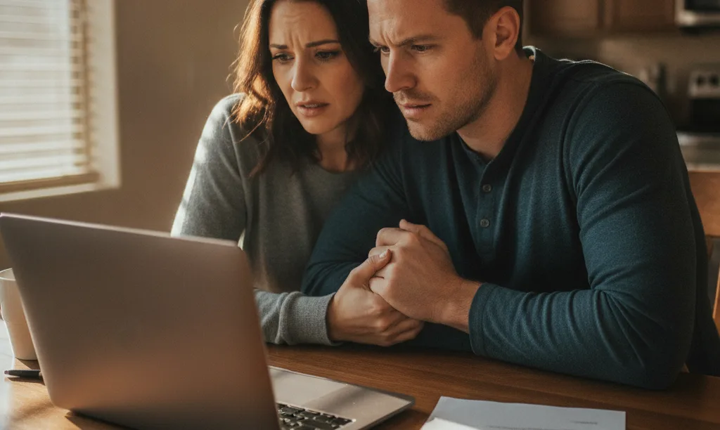 Concerned couple reviewing mortgage documents in Las Vegas.