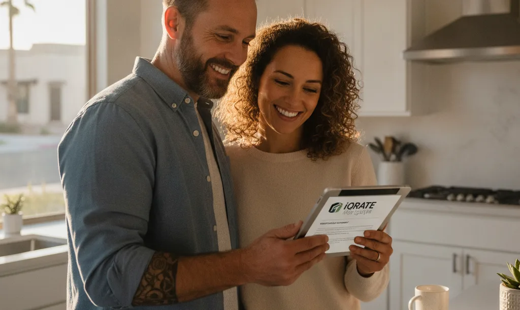 Couple reviewing iQRATE Mortgages on a tablet.
