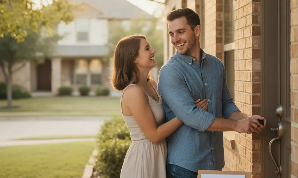 Military couple happily unlocking their new Texas home.