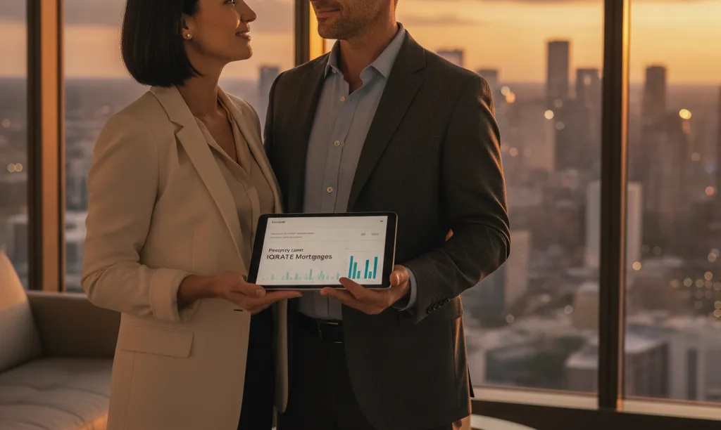 Investor couple reviews finances in a Houston high-rise.