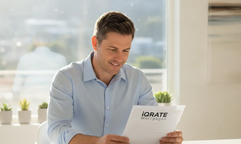 S-Corp owner reviews iQRATE Mortgages documents in LA.