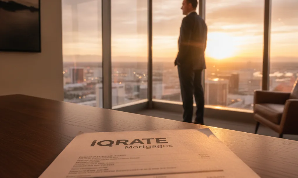 Investor with iQRATE Mortgages document in office.