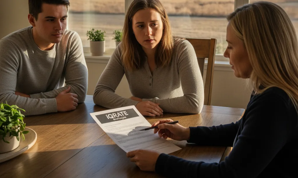 Couple reviewing iQRATE Mortgages document with advisor.