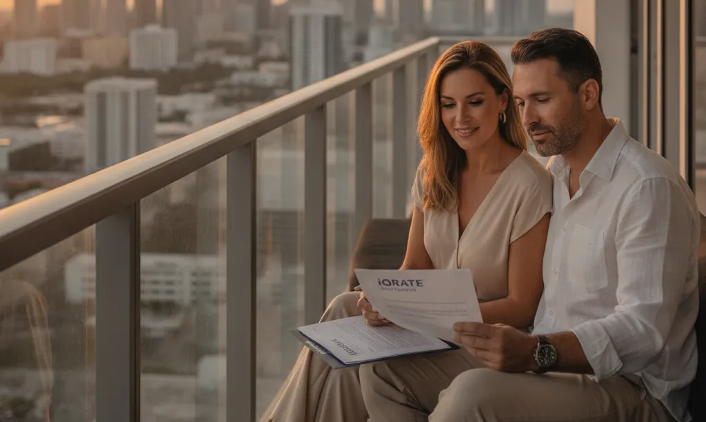 Couple reviewing iQRATE Mortgages documents in Miami.