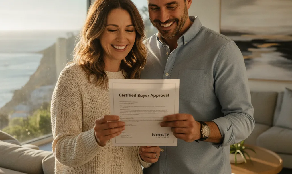 Couple reviews iQRATE Mortgages document in home.
