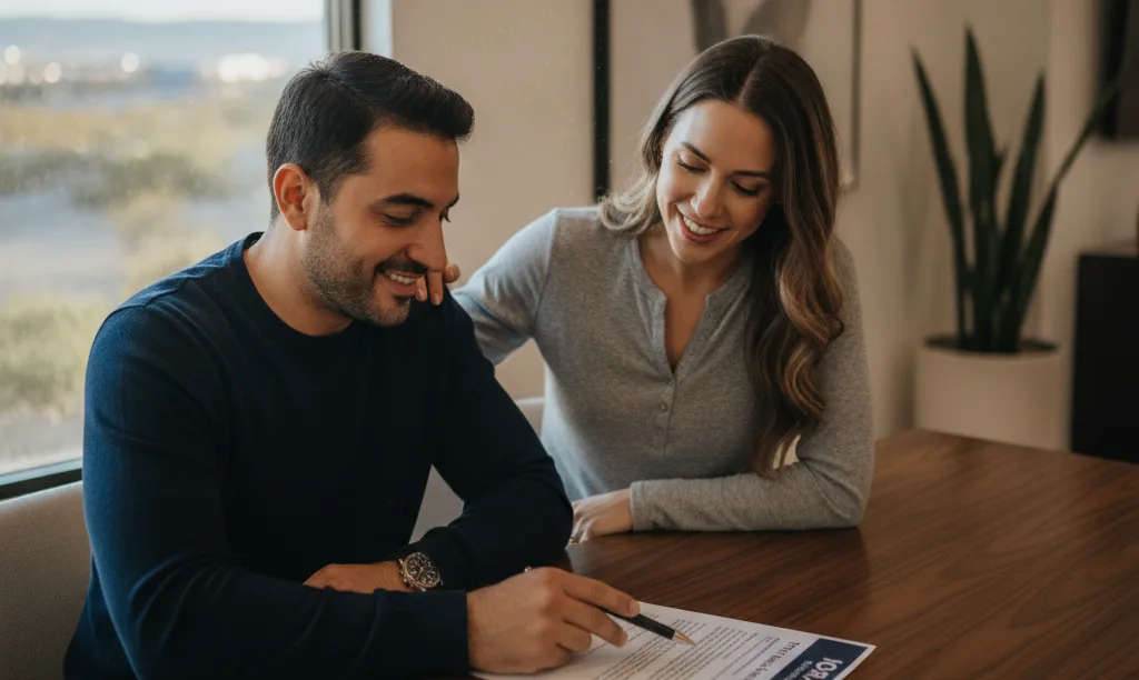 Loan officer guides couple through trust documents.