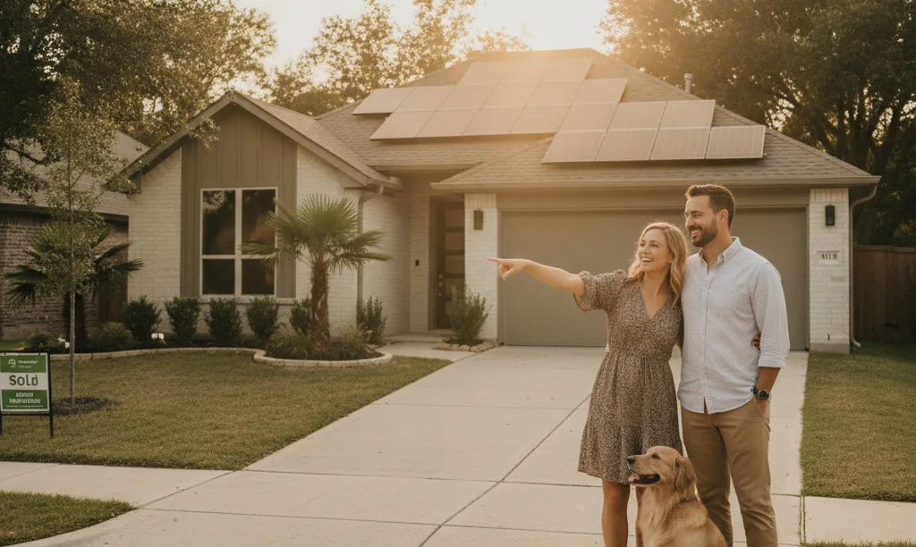 Couple proudly viewing their new Texas solar home.