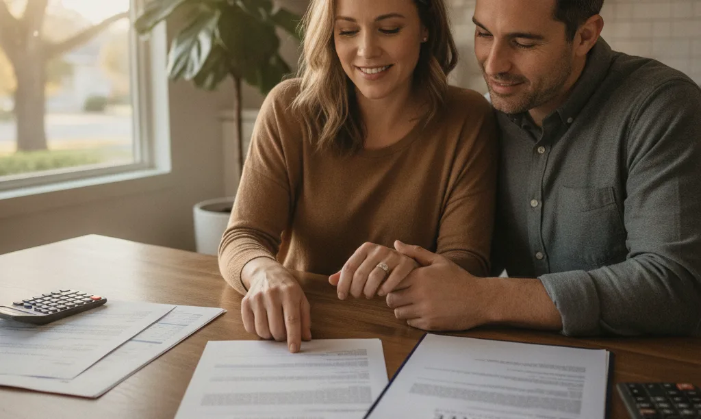 Couple reviewing iQRATE Mortgages documents at home.