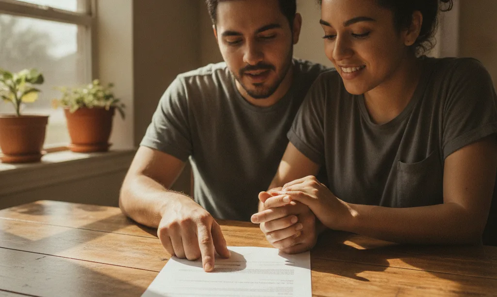 Couple reviewing iQRATE Mortgages document in sunlit kitchen.