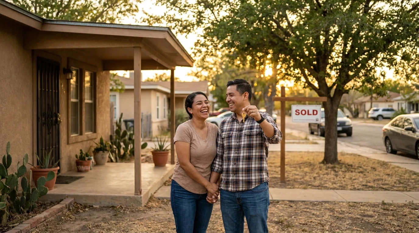 A smiling couple reviewing mortgage documents at a table.