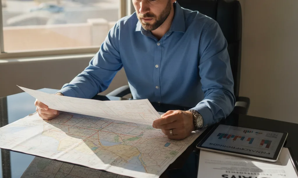 Investor analyzing Las Vegas zoning map carefully.