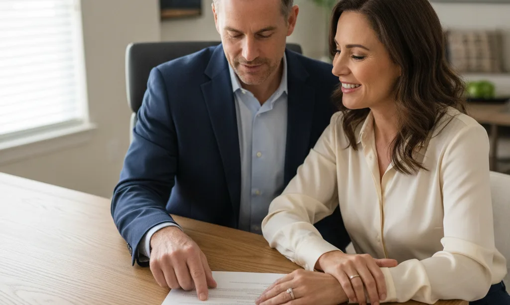 Couple confidently reviewing iQRATE Mortgages jumbo loan documents.