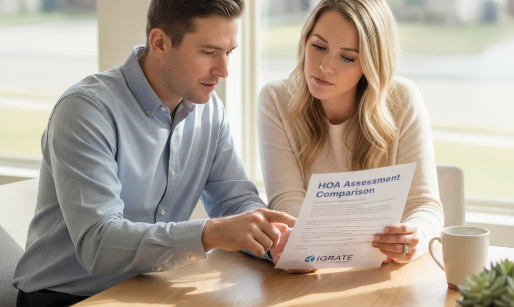 Couple reviewing iQRATE Mortgages documents in Texas home.